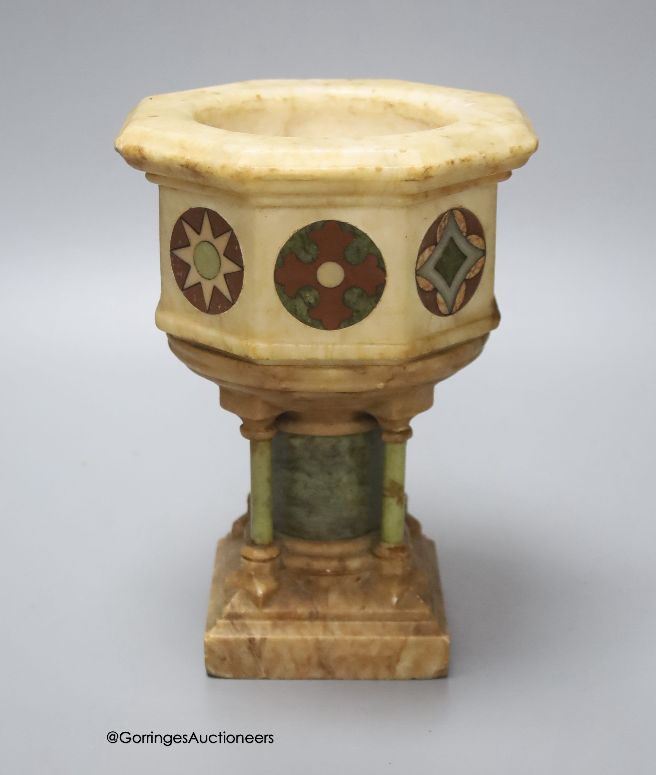 A mid 19th century Italian inlaid marble travelling baptismal font, height 18.5cm